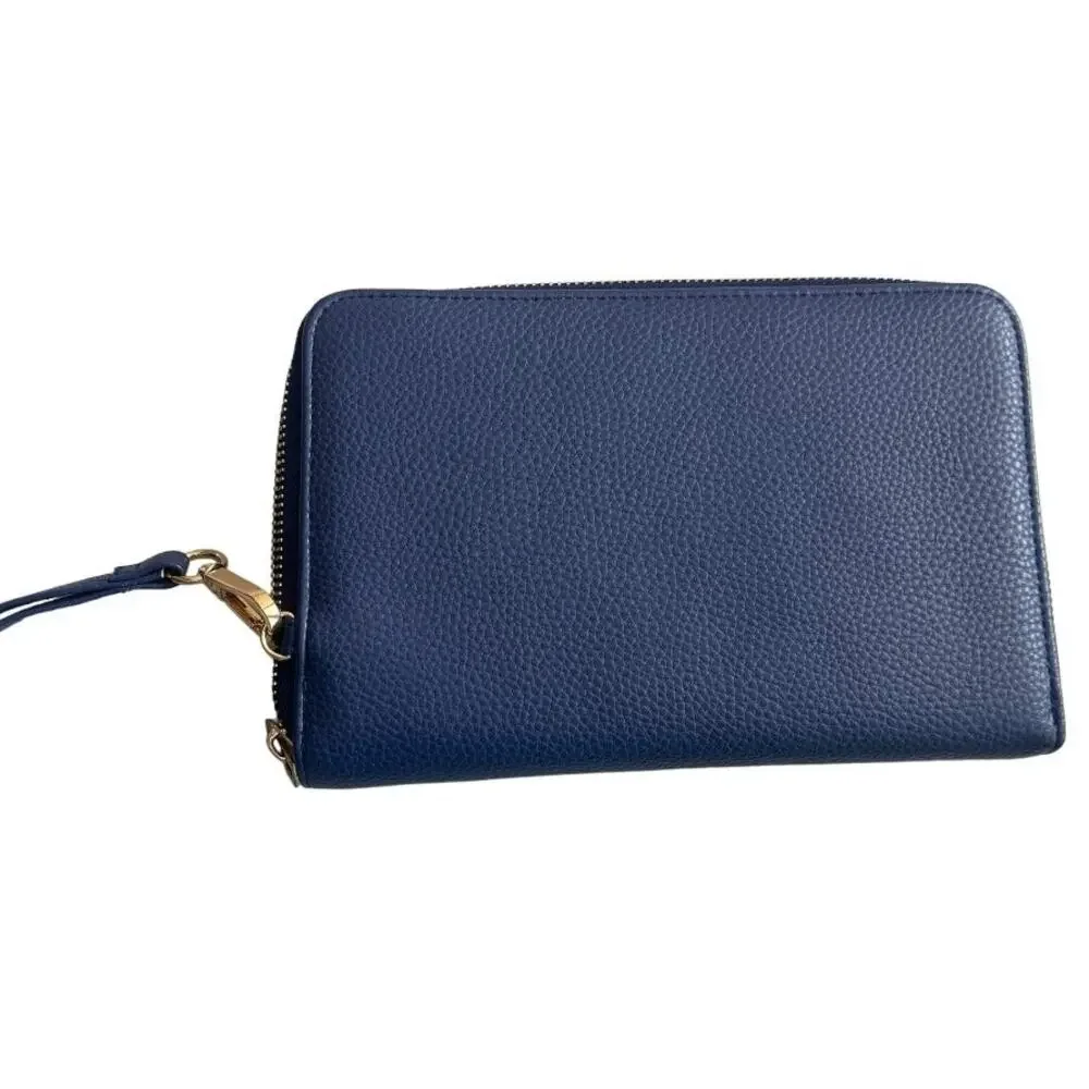 Roxy Magic Happens blue gold zip embossed pattern wristlet wallet vegan leather